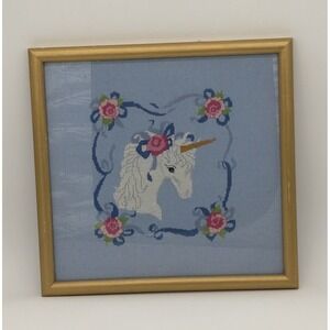 Framed Unicorn Cross Stitch Needlepoint Wall Art Blue‎ Floral Rose Gold 14x13.5"